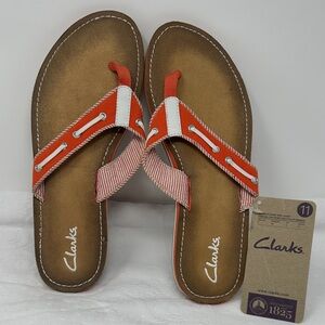 Clarks Women's coral white thong Sandals flip flops nautical stripes sporty cute